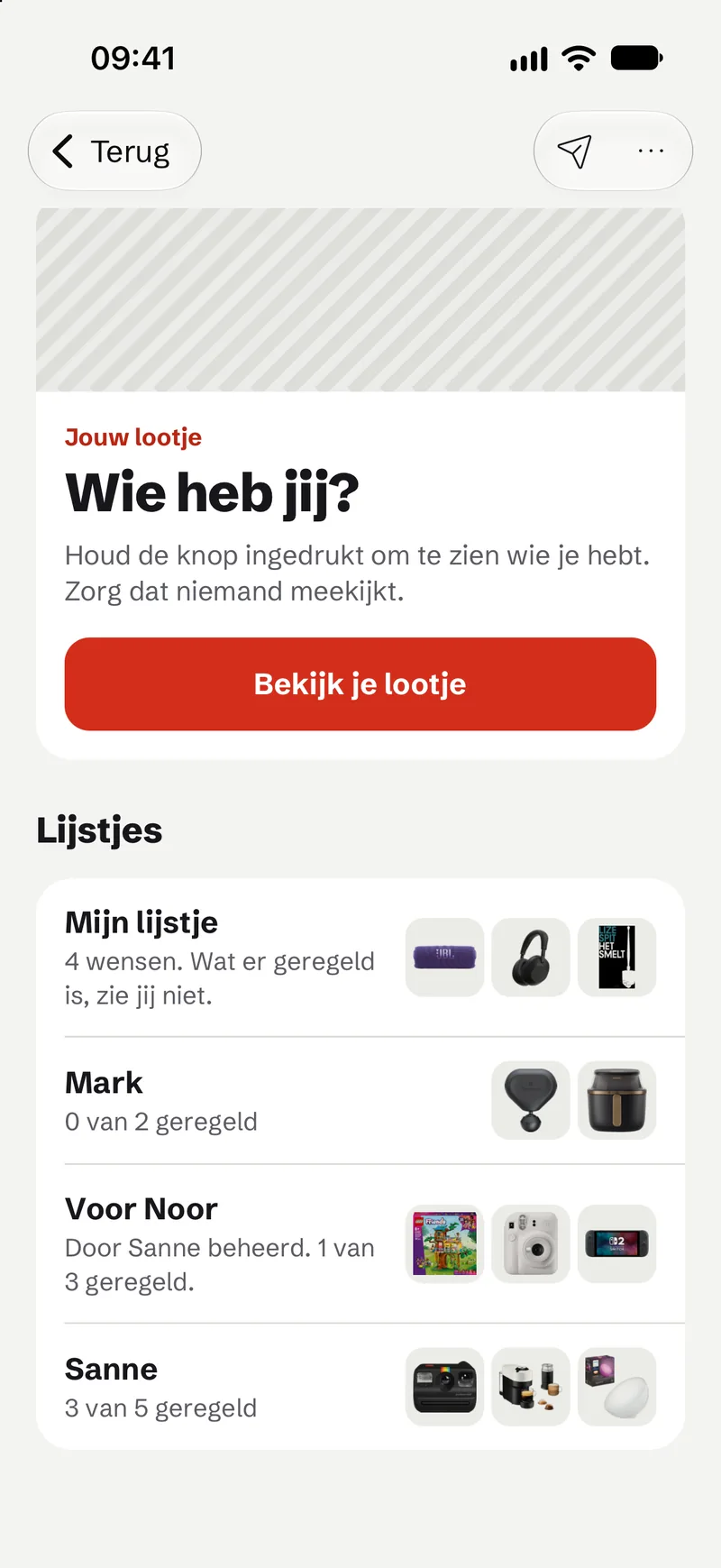 The occasion Christmas with the family in the app, with the lists of Tim, Sanne and Noor